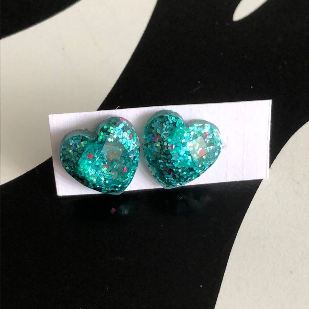 4 for $20 Blue/Green Glitter Heart Stud Earrings